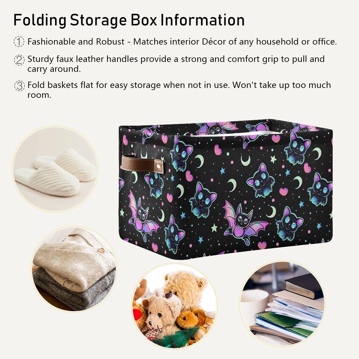 Gradient Bat Pattern Storage Basket,Large Storage Bin Fabric Collapsible Organizer Bag with Handles 15x11x9.5 inch