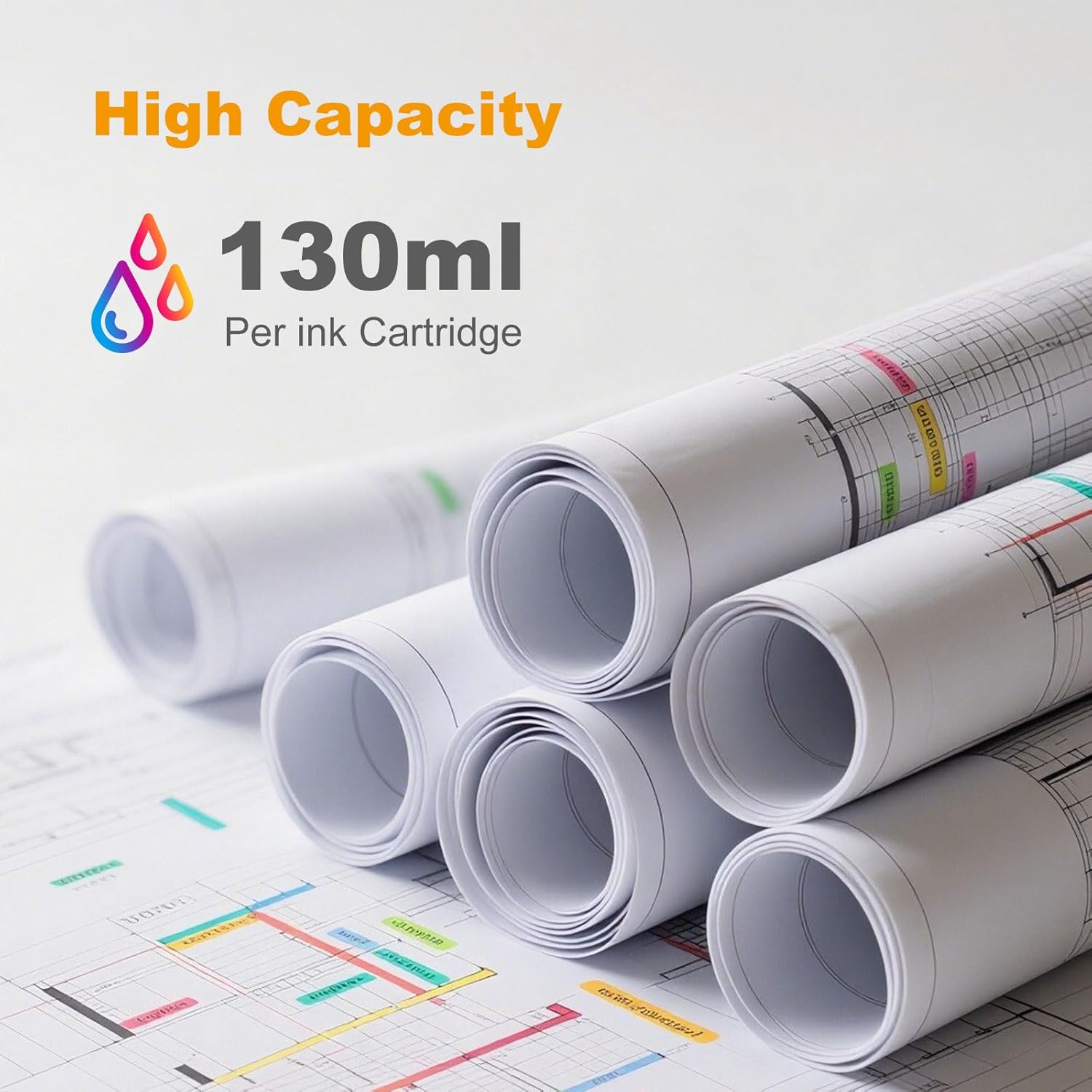 72 Ink Cartridges 130ml Replacement for HP72 HP 72 Ink C9403A C9370A C9371A C9372A C9373A C9374A for DesignJet T770 T790 T795 T610 T620 T1100 T1120 T1200 T1300 T2300（ 6Pack, PBK MBK C M Y G