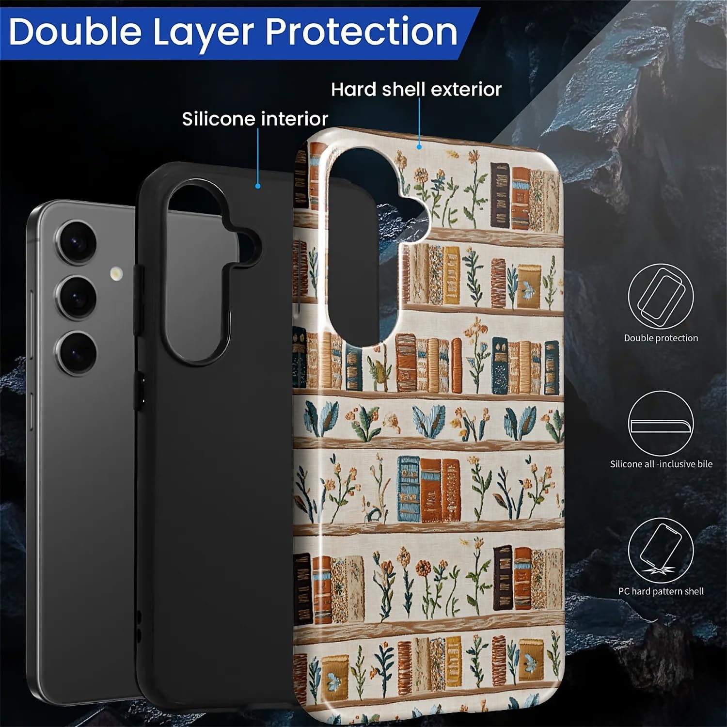 Case Compatible with Samsung Galaxy S24, Hybrid 2-Layer Hard Shell Protection Case, Shockproof Protective Tough Phone Cover, Embroidered Canvas Bookshelf