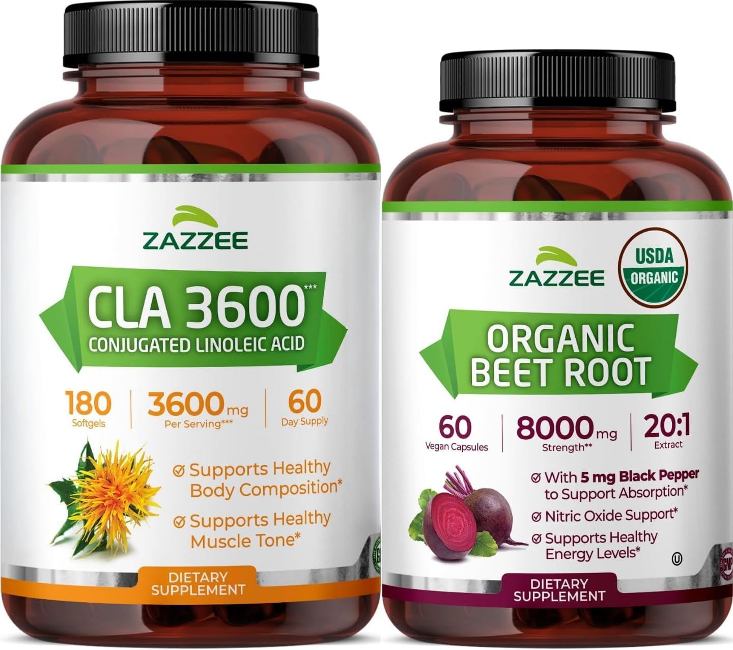 Zazzee Active Lifestyle Support Bundle | Organic Beet Root Capsules & High Strength Conjugated Linoleic Acid Softgels | Non-GMO & ISO Lab Tested (60 Servings Each)
