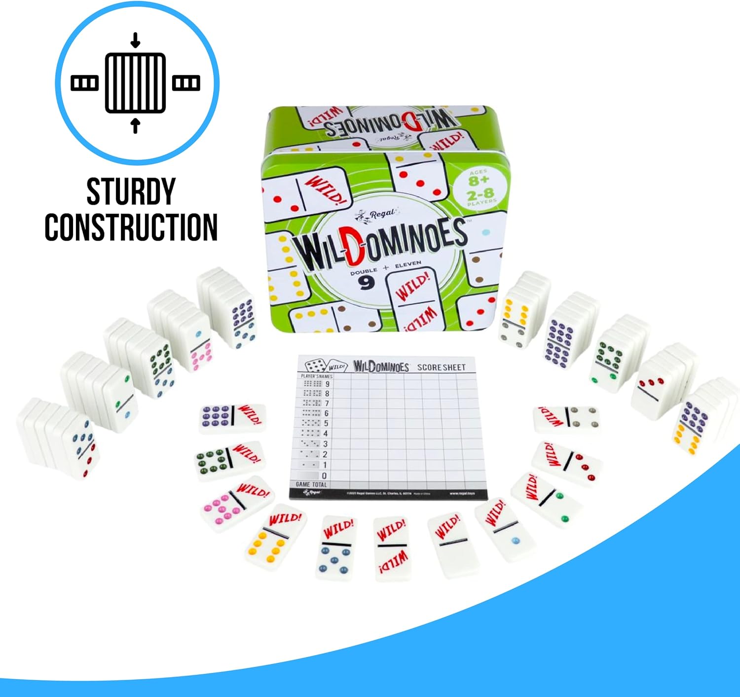 Regal Games – Wild Spinner Dominoes – Compatible with Spinner and Double 9 Dominoes - Fun Family-Friendly Game – Includes Score Pad and Rules Sheet – Ideal for 2-8 Players Ages 8+