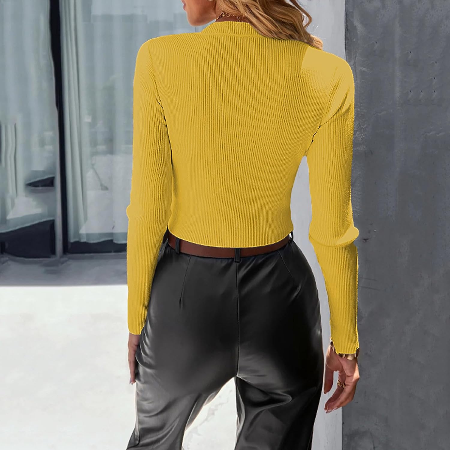 Women's Choker Neck Tops Long Sleeve Slim Fitted Y2K Shirts Going Out Club V Neck Fall Fashion Sexy Solid Blouses