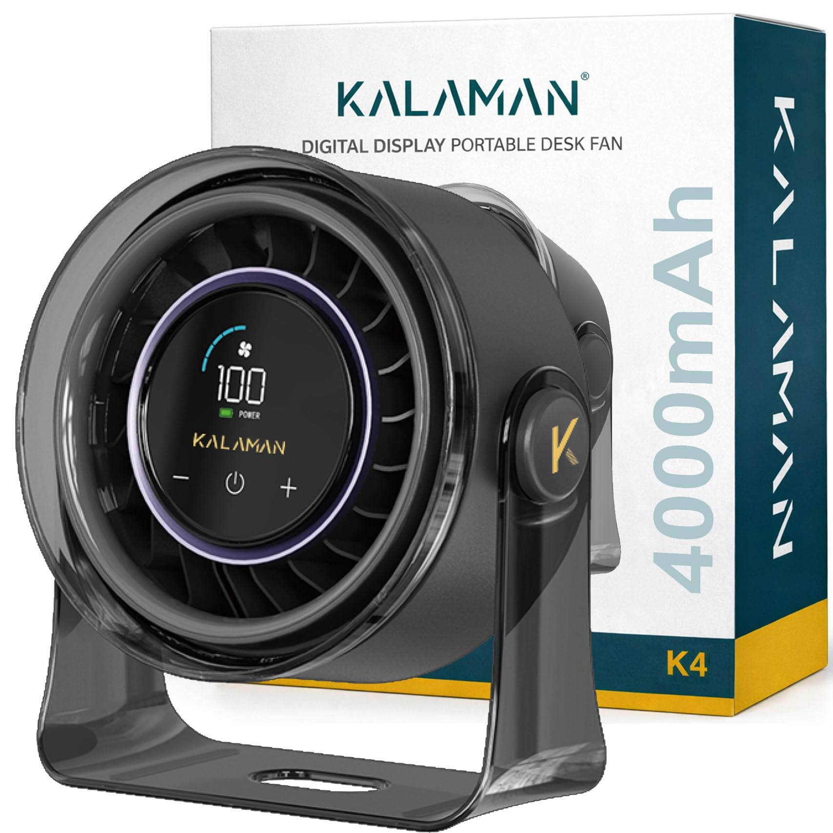 KALAMAN Desk Fan, 4000mAh Quiet Table Fan with Turbo Airflow, 6-Gear Speed Digital Display & 30° Adjustable Tilt, Rechargeable Battery Portable Fan for Home, Office, Travel (Black K4)