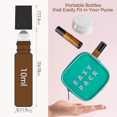 Miniatura 6 de ComSaf 24 botellas enrollables para aceites esenciales de 0.3 onzas líquidas, rollo de sellado de triple bloqueo en botellas de perfume ámbar bolas