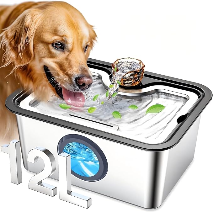 Large Dog Water Fountain Stainless Steel for Large Dogs, 12L Pet Water Fountain, Dog Water Bowl Dispenser Drinking Fountains with Filters for Small Medium Big Dogs and Multi-Pet,Widely Drinking Area
