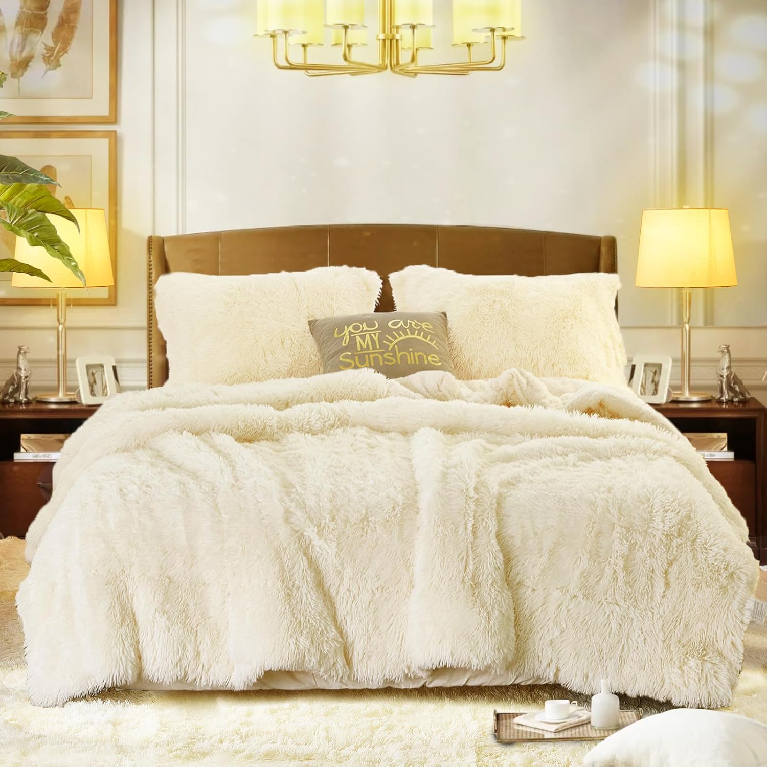 Flysheep Luxury Faux Fur Full/Queen Size Winter Comforter Set Shaggy Velvet Cream Beige Long Hair, 3 Pieces Plush Flannel Sherpa Backing Reversible Soft Microfiber Super Warm Bedding Set for Holiday - Image 2