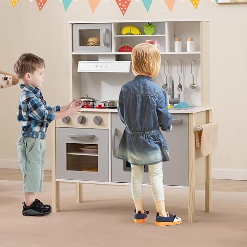 Miniatura 9 de Costzon Juego de Cocina para Niños, Set de Juguete de Cocina de Madera de Simulación para Niños Pequeños con Sonido, Microondas, Horno, Máquina