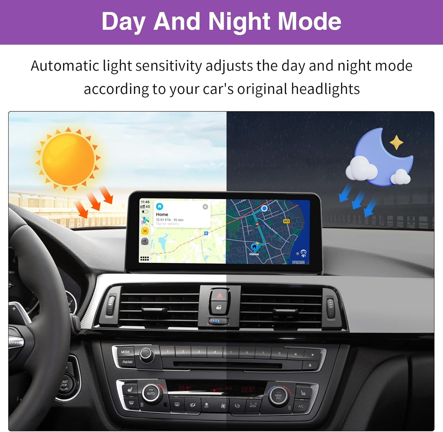 Comparison of BMW dashboard before and after installation of the NINETOM 10.25 inch touchscreen