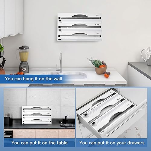 Miniatura 7 de Organizador de papel de aluminio blanco acrílico y envoltura de plástico, dispensador de envoltura de plástico con cortador, dispensador de