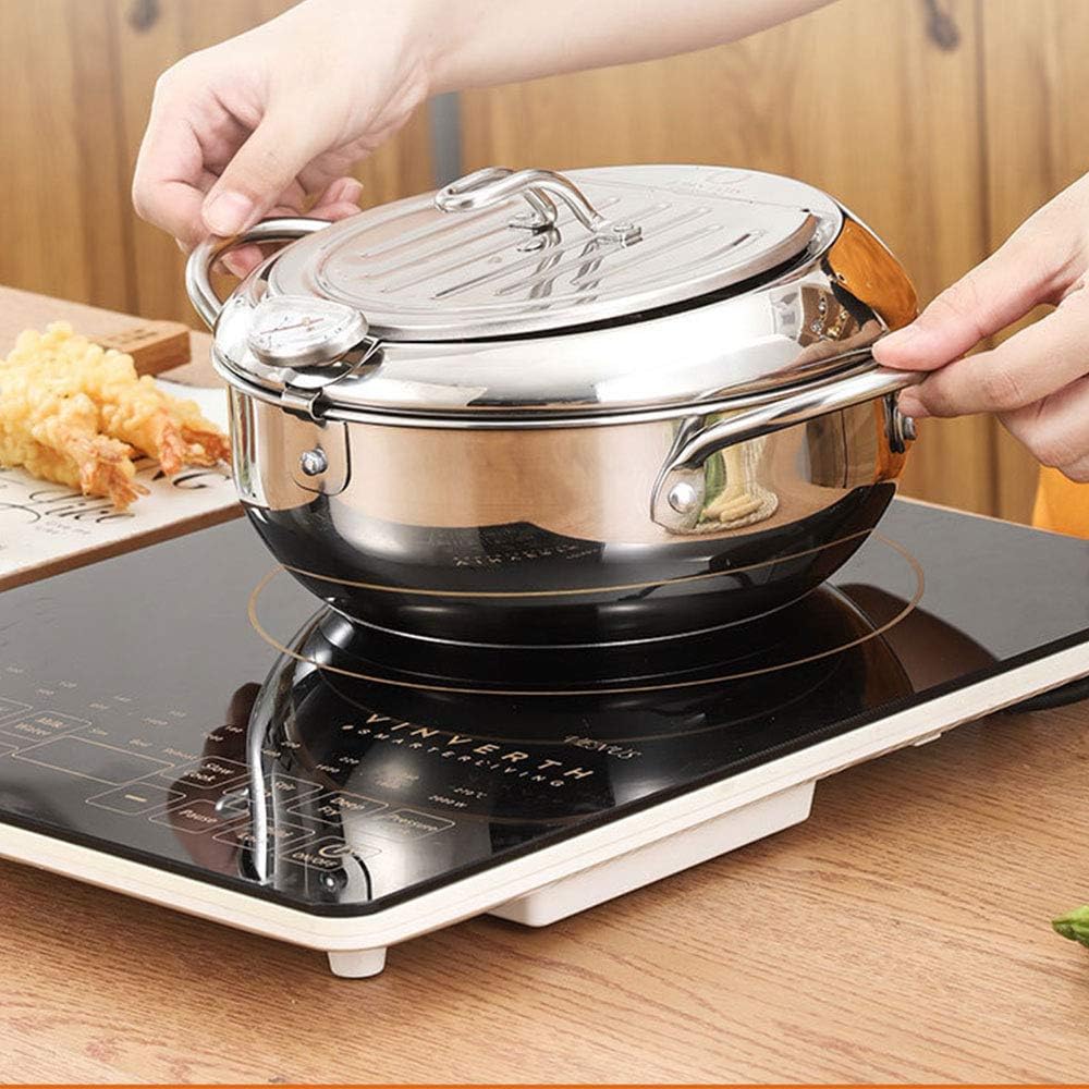 OUEEGER Stainless Steel Deep Frying Pot, 9.5 Inch Small Deep Fryer with Lid and Oil Drip Rack, Tempura Frying Pot for Kitchen Cooking (3.2L/304)