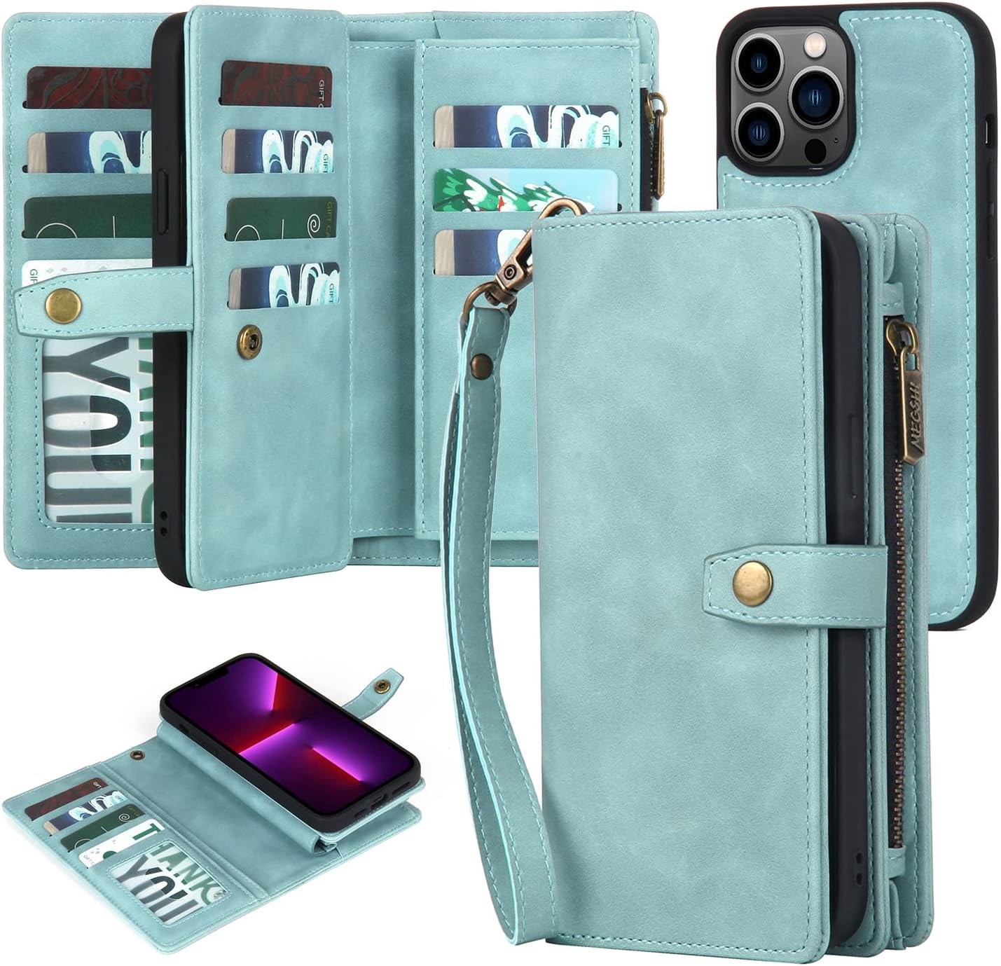 QIXIU Compatible with iPhone 13 Pro Max Wallet Case,2 in 1 Detachable Magnetic Wallet Case with Card Holder,Zipper,Pouch Pocket Flip Cover with Wrist Strap,11 Card Slots for iPhone 13 Pro Max Green