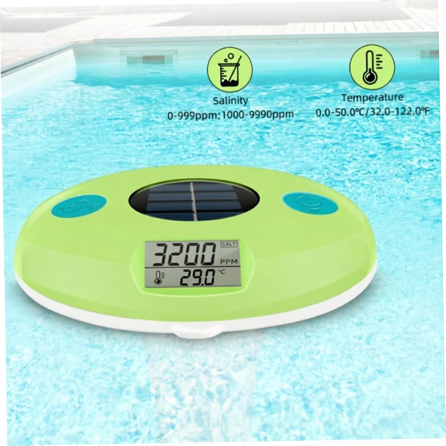 Digital Pool Thermometer Floating Easy Read 2-in-1 Solar Powered Pool Salt & Temperature Monitor with Large LCD Display, IPX7 Waterproof Floating Thermometer for Spa Hot Tub