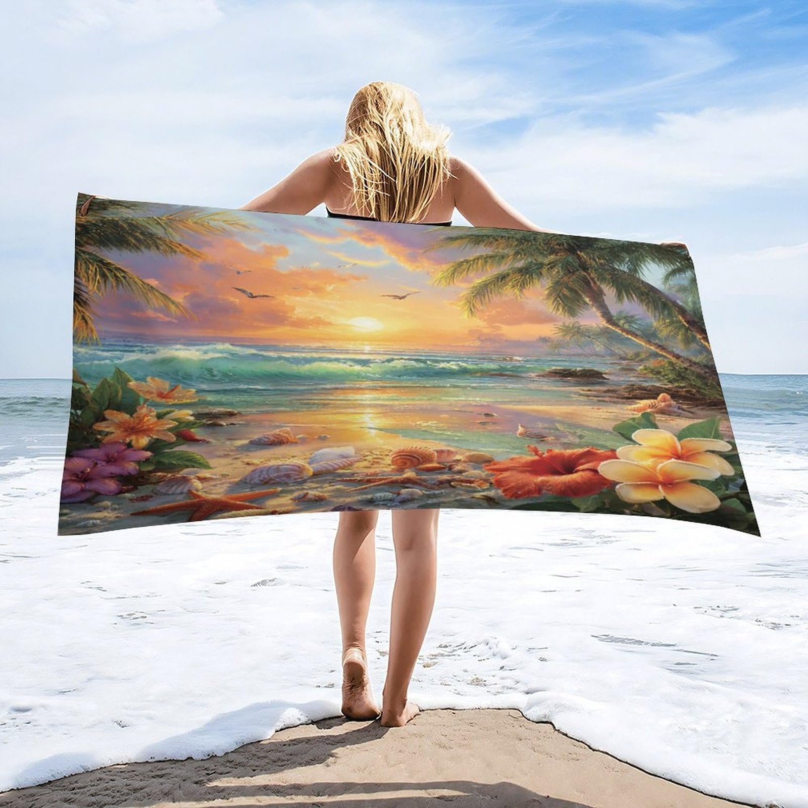 Luyysky Classic Vintage Sunset Waves Quick-Drying Beach Towel, Nautical Aesthetic Plant Palm Tree Ocean Animal Starfish Shells Travel Vacation Single Sided Pile Bathroom Towels-80 W Cm X 160" L Cm