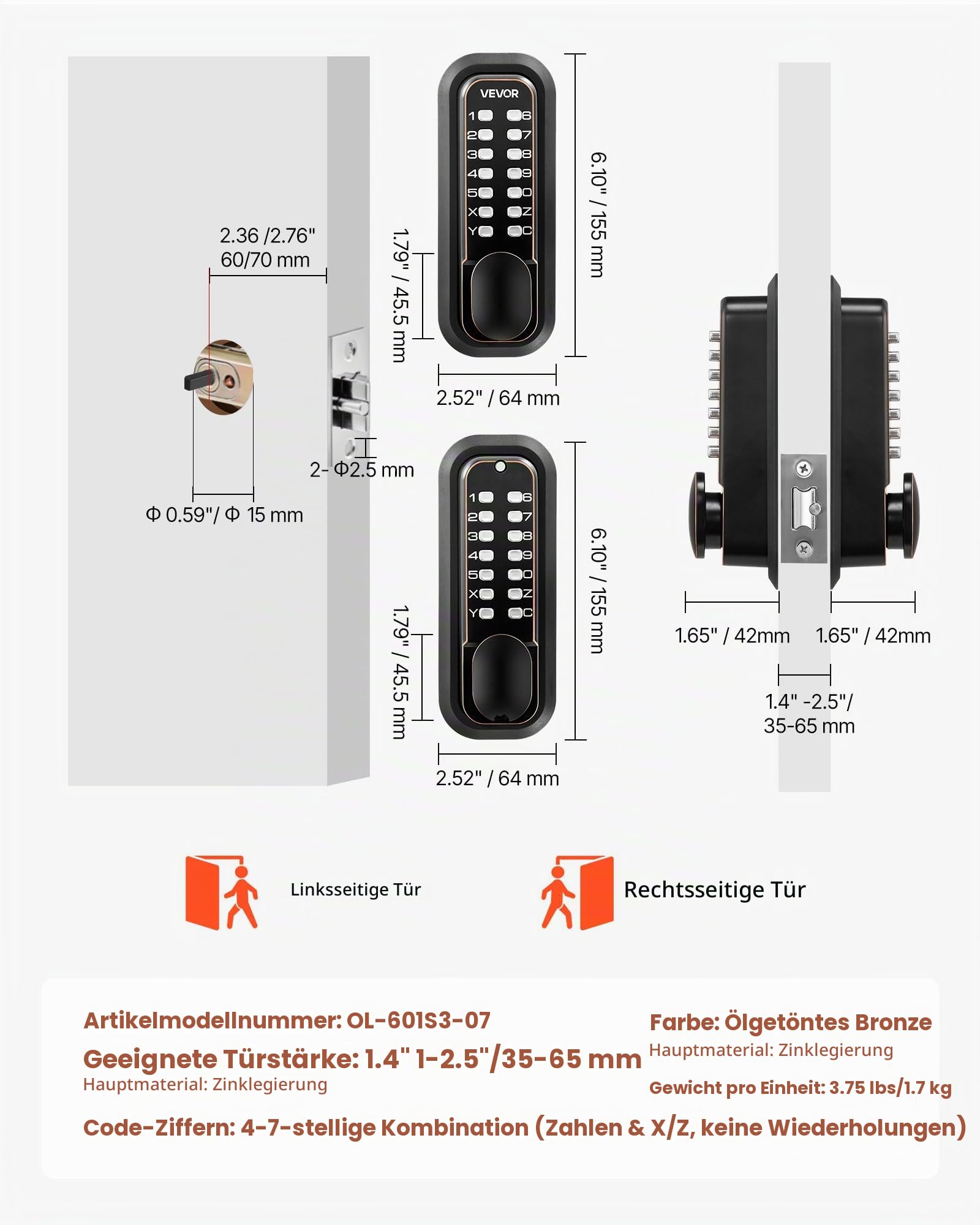 VEVOR Mechanisches Codeschloss mit Doppelseitigem Tastenschloss (4- bis 7-stelliger Code), Schlüsselloses Türschloss mit Türknauf & Automatischer Verriegelung, für Haustüren Garagen, Ölgebronzefarben