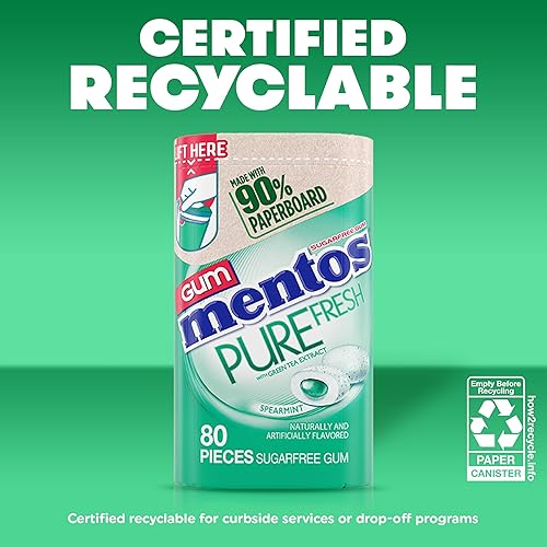 Vista 13 de Mentos Pure Fresh Goma de mascar sin azúcar, con xilitol, menta fresca (Fresh Mint), botella de 80 unidades, botella reciclable de 90% cartón, 80