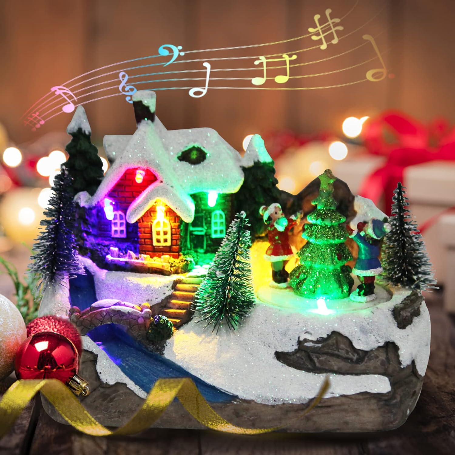 Christmas Collectible Buildings Decoration Musical Christmas Village Figurines Snow Globe with Spinning Train 8 Music Aldea de Navidad for Home Decor Gift for Kids Boy Girls (Tree)
