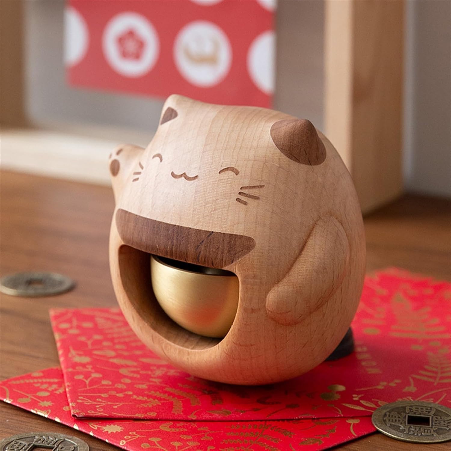 Cat Chime Bell, Shopkeepers Bell for Door Opening, Hanging Decoration for Entrance, Self Adhesive Wood Doorbell for Door Wall Store Wardrobe Decor