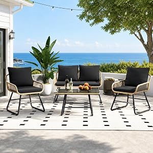 4-Piece Outdoor Bistro Set, Wicker Patio Furniture Set with Cushions, Tempered Glass Table, 2 Chairs, Armless Sofa & Ottoman for Garden, Backyard, Porch, Deck, Black