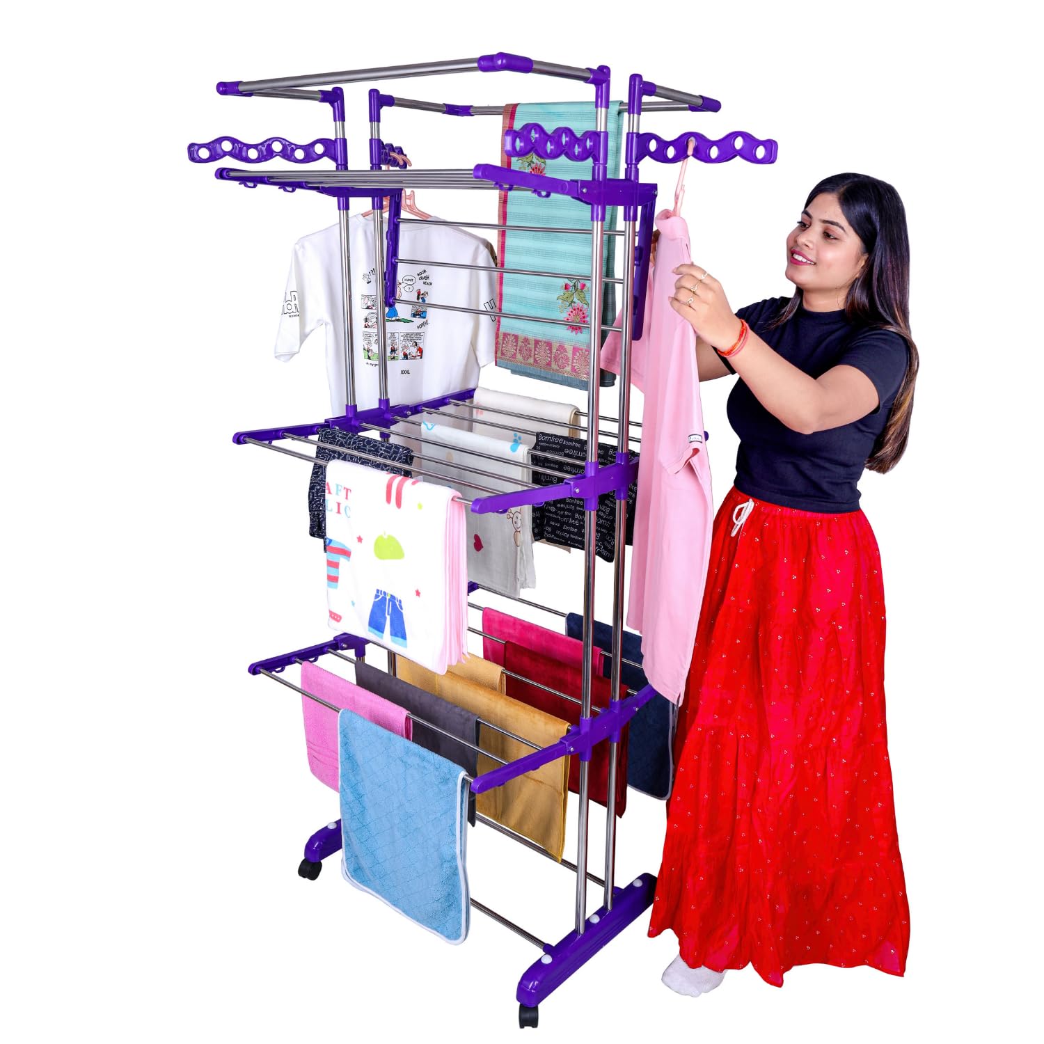 UNIZONE Jumbo 3-Tier Stainless Steel Cloth Drying Stand with Wheels – Foldable Cloth Dryer Rack & Heavy Duty Cloth Drying Stand, Extra Large Laundry Drying Rack for Home/Balcony