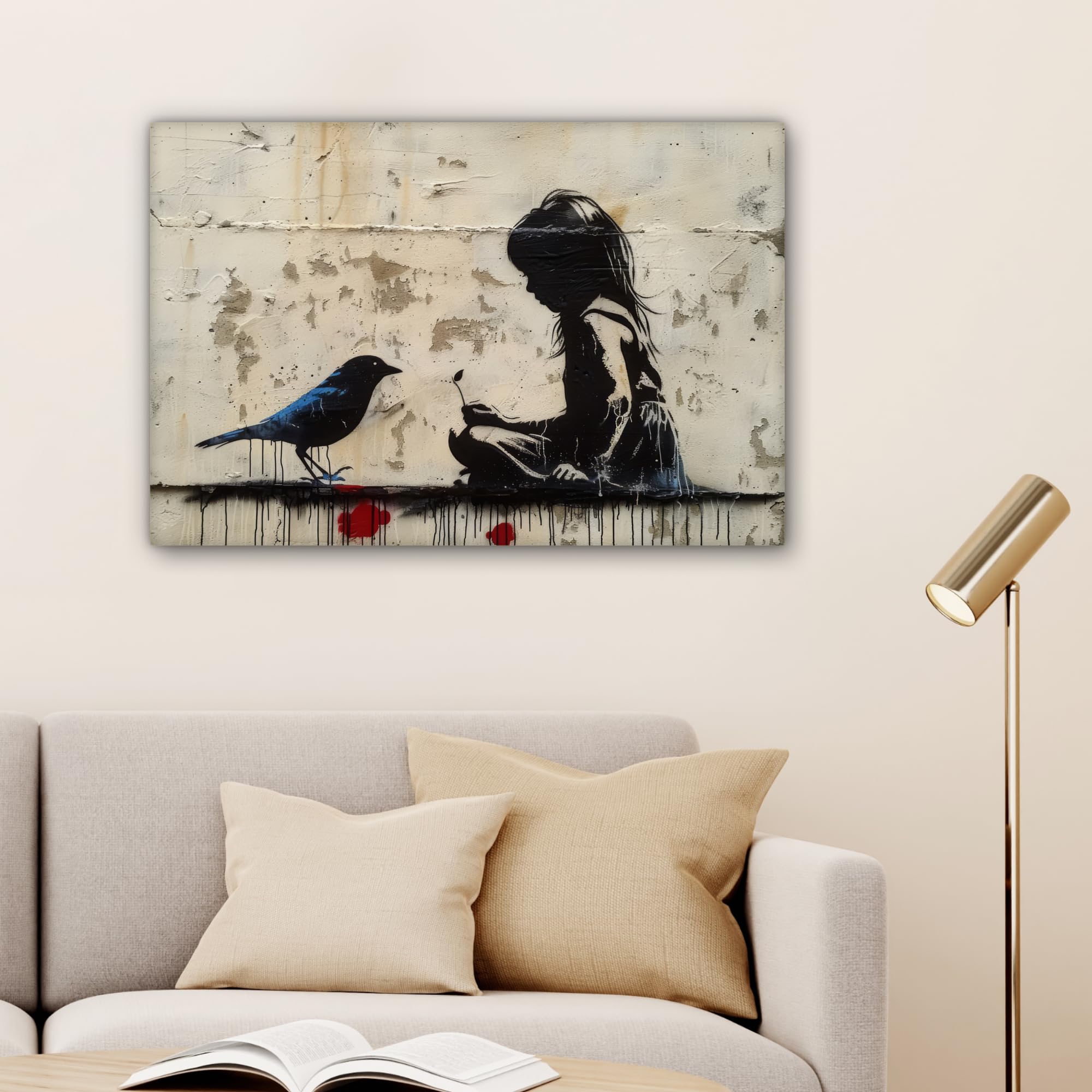 Banksy MuchoWow Tableau Mural 60x40 cm Toile Street Art Fille Oiseau Graffiti
