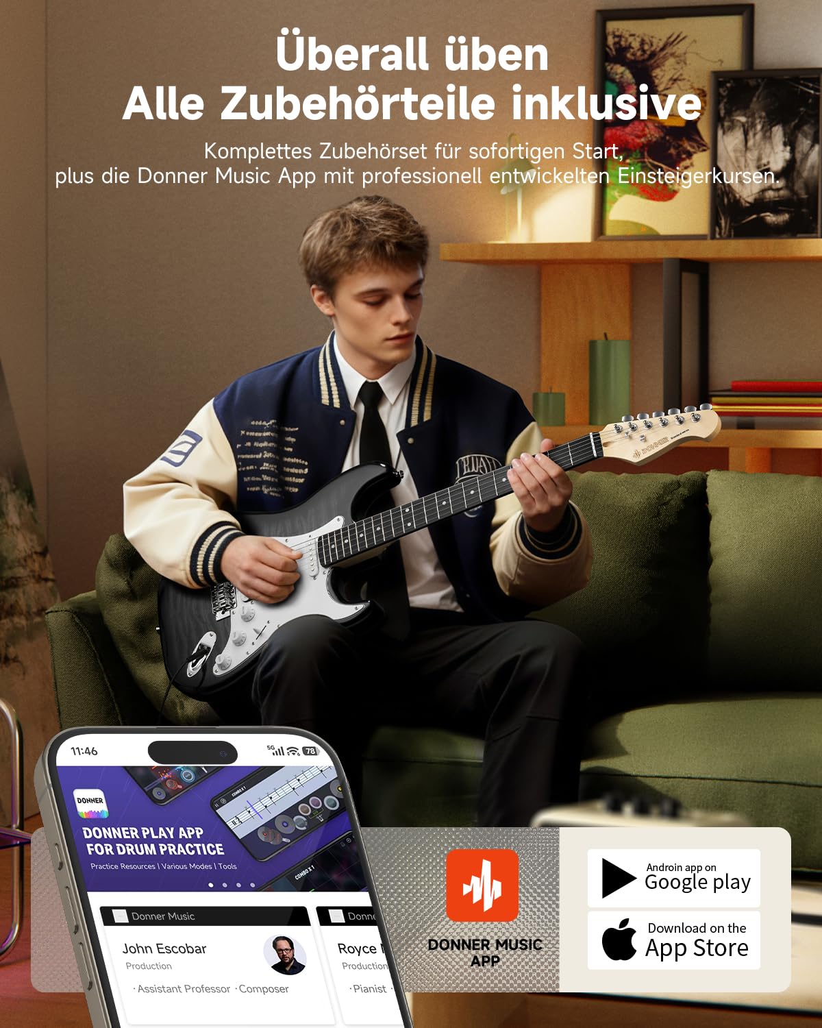 Donner DST-90 E-Gitarre Set 39 Zoll, Einsteiger E-Gitarren Komplettset mit Verstärker, HSS Tonabnehmer, Gigbag, Stimmgerät, Kapodaster, Gurt, Saiten, Kabel und Plektren, Black Burst