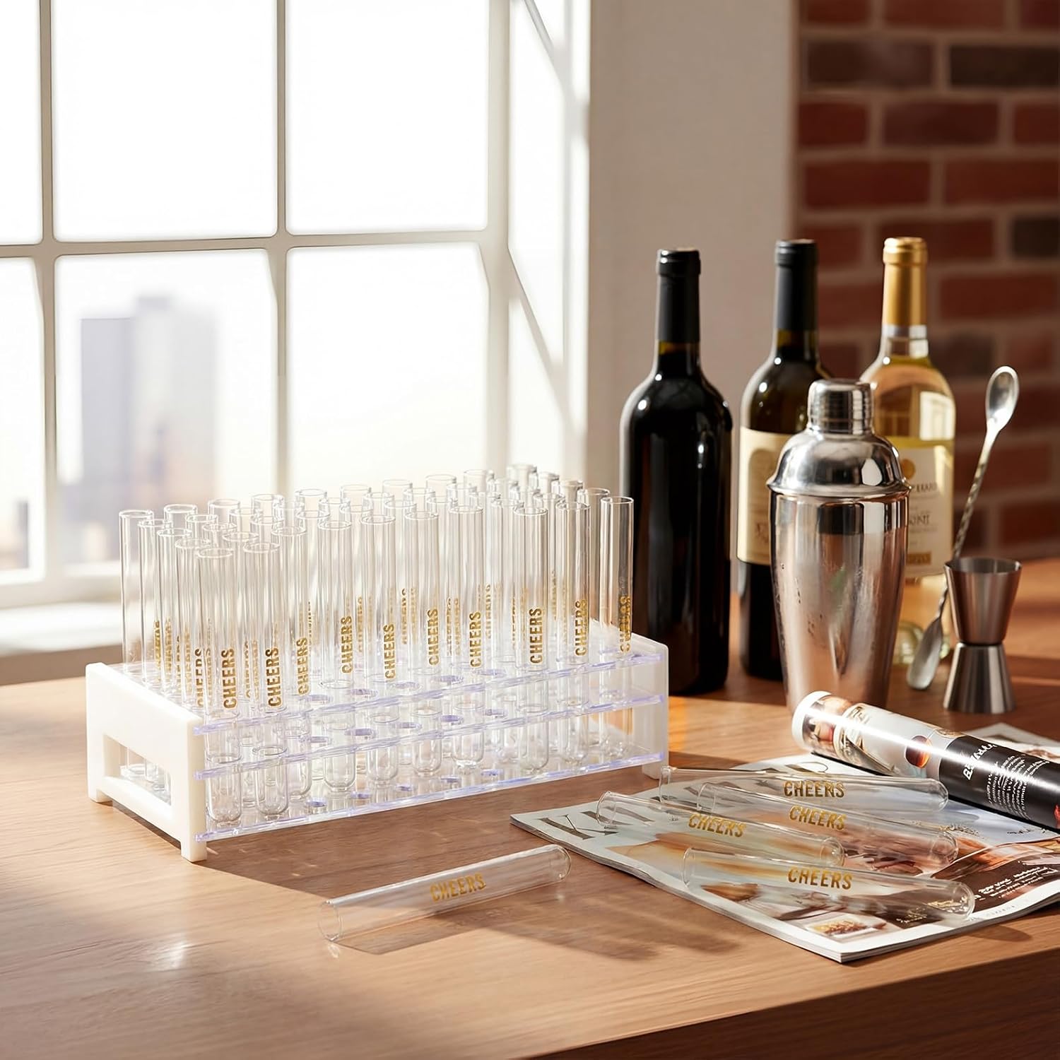 FoldTier 100 Pcs Plastic Test Tube Shot Glasses with Rack Test Tubes Shooter 16 x 125 mm (12ml) with Gold Cheers Print and Tube Holder Holiday Party Favor Wedding Home Decor Candy Storage (Clear) image 2