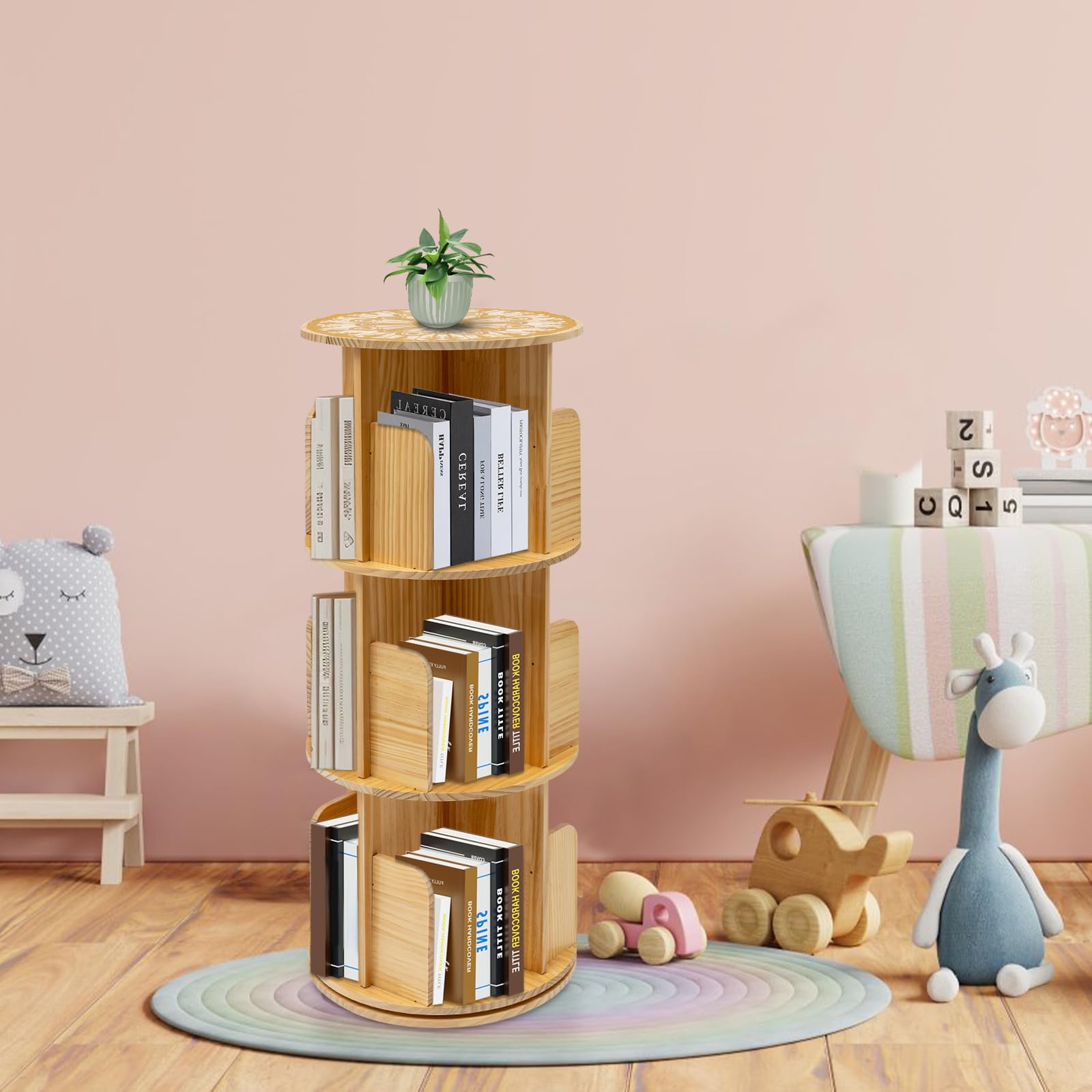 Estantería giratoria de madera de 3 niveles, 360 grados, estantería de oficina de madera de pino, armario de almacenamiento para estudio, oficina, biblioteca, sala de lectura, 45 x 98 cm