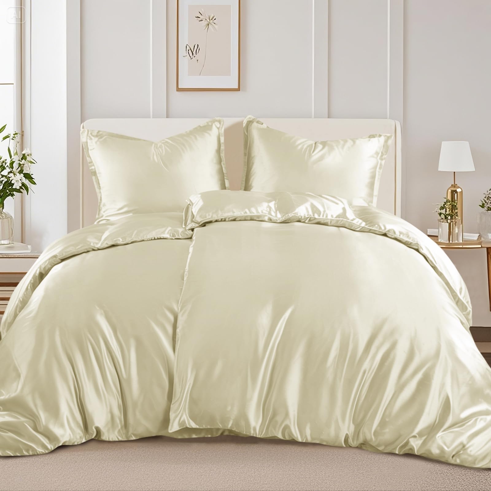 RUIKASI Satin Bettwäsche 135x200 4teilig - Seidig Bettbezug Beige mit Glanz wie Seiden Bettwäsche Set für Haar und Haut, Glänzend Bettwäsche 135x200cm mit Reißverschluss und Kissenbezug 80x80cm