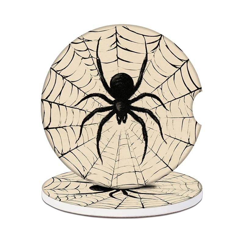Porta-Copos para Carro em Cerâmica Absorvente com Estampa Spider Web PUIBUN, Kit com 2 unidades
