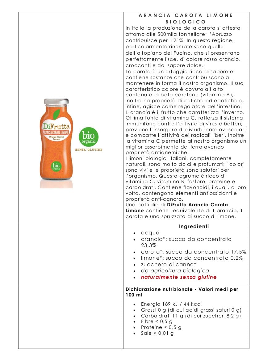 Zumo de fruta Naranja Zanahorias Limón DiFrutta 24 botellas cl. 20