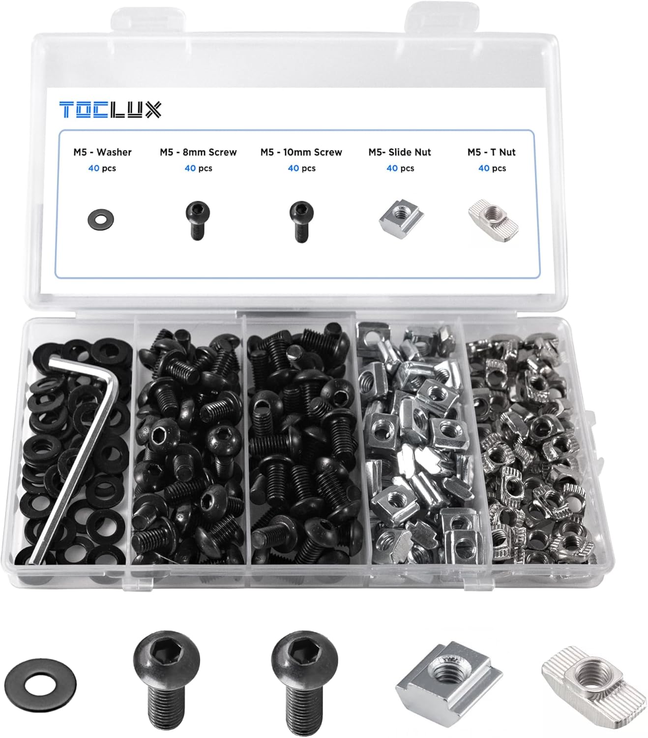 200pcs 2020 Series M5 T Nut and Black Screw Kit – Sliding & Drop-in T-Nuts, M5x8 & 10mm Black Screws, Washers, Hex Wrench – for 6mm T-Slot Aluminum Extrusion Accessories Extruded Aluminum Hardware