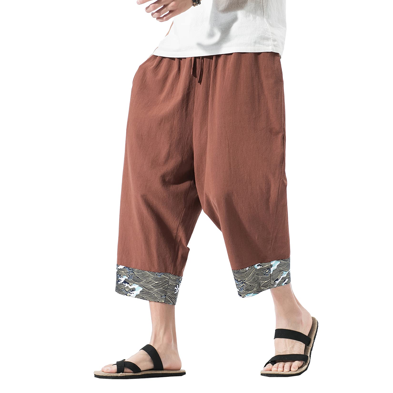 DOSLAVIDA Men's Linen Harem Capri Pants Loose Fit Yoga Beach Shorts Elastic Waist Wide Leg Baggy Cropped Trousers