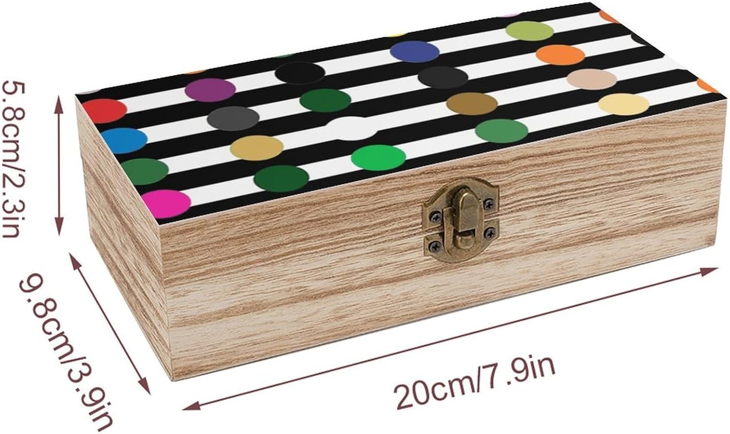 Rainbow Polka Dot Stripe Black And White Wooden Box with Hinged Lid, Large Photo Storage Box for Women Men, Keepsake Treasure Chest Boxes, Jewelry Organiser Case, Memory Case, 7.9'' X 3.9'' X2.3''