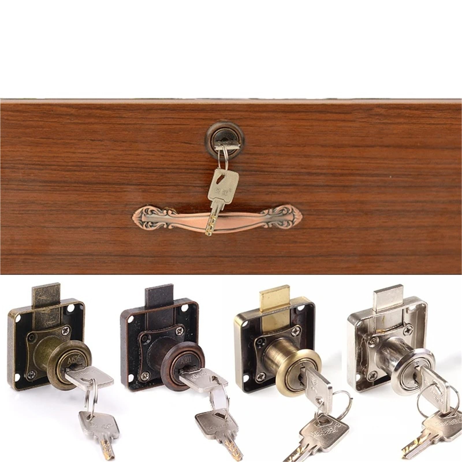 Serrure de tiroir pour commode ancienne et quincaillerie de meuble en bronze 32 mm