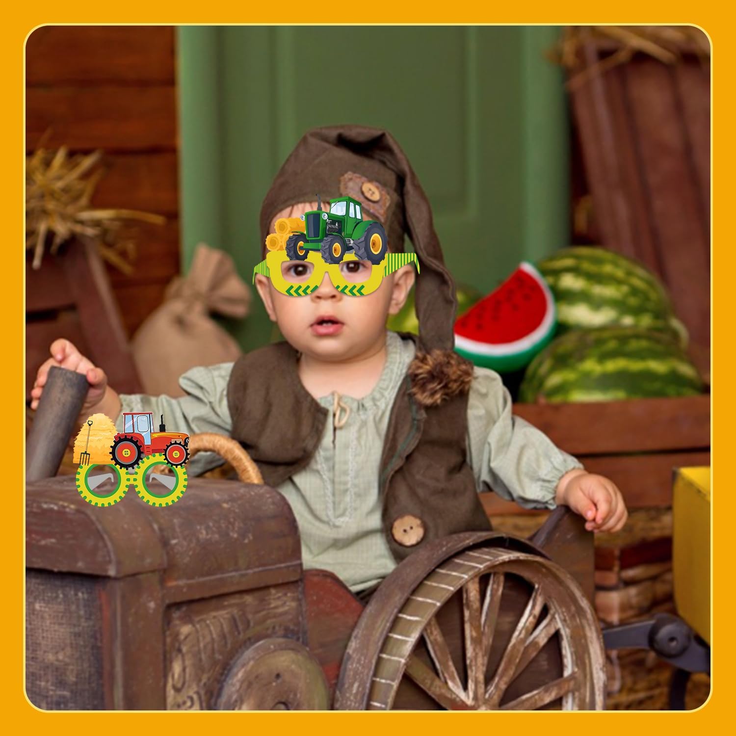 24 PCS Tractor Paper Eyeglasses, Farm Green Tractor Birthday Party Favors, Decorations, and Photo Booth Props for Kids