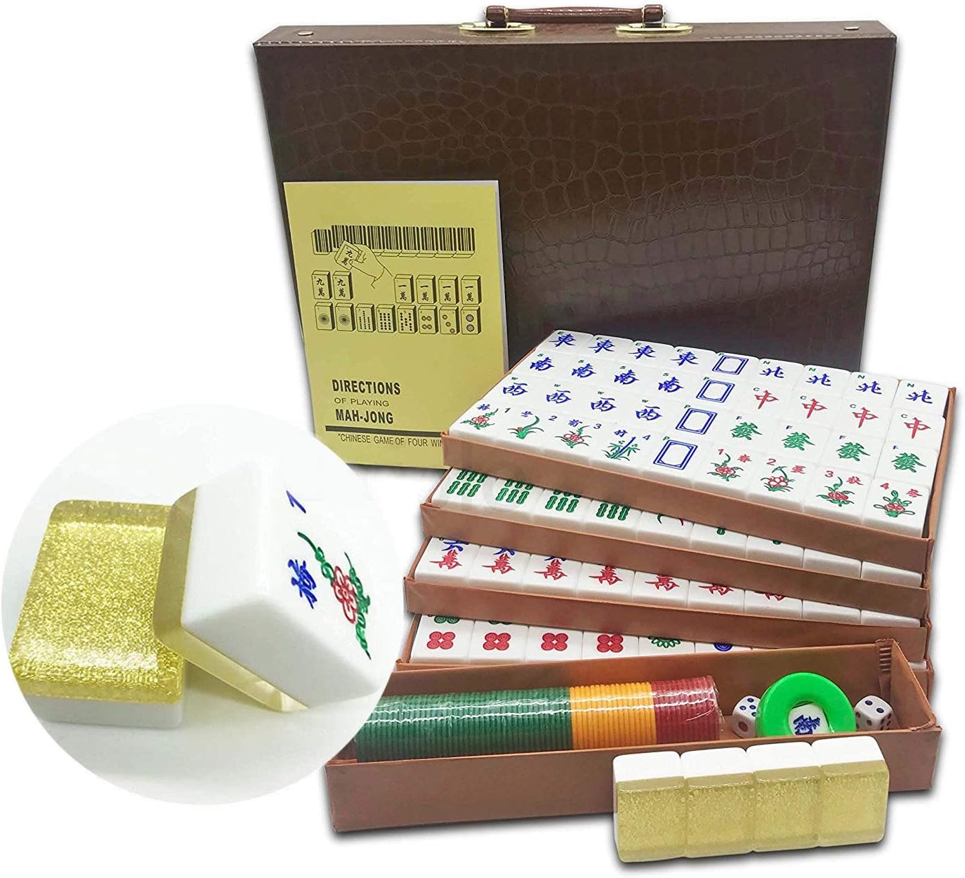 Chinese Mahjong X-Large 144 Numbered Acrylic Tiles 1.5" Large Gold Sparkle Tile with Carrying Travel Case Pro Complete Mahjong Game Set - (Mah Jong, Mahjongg, Mah-Jongg, Mah Jongg, Majiang)