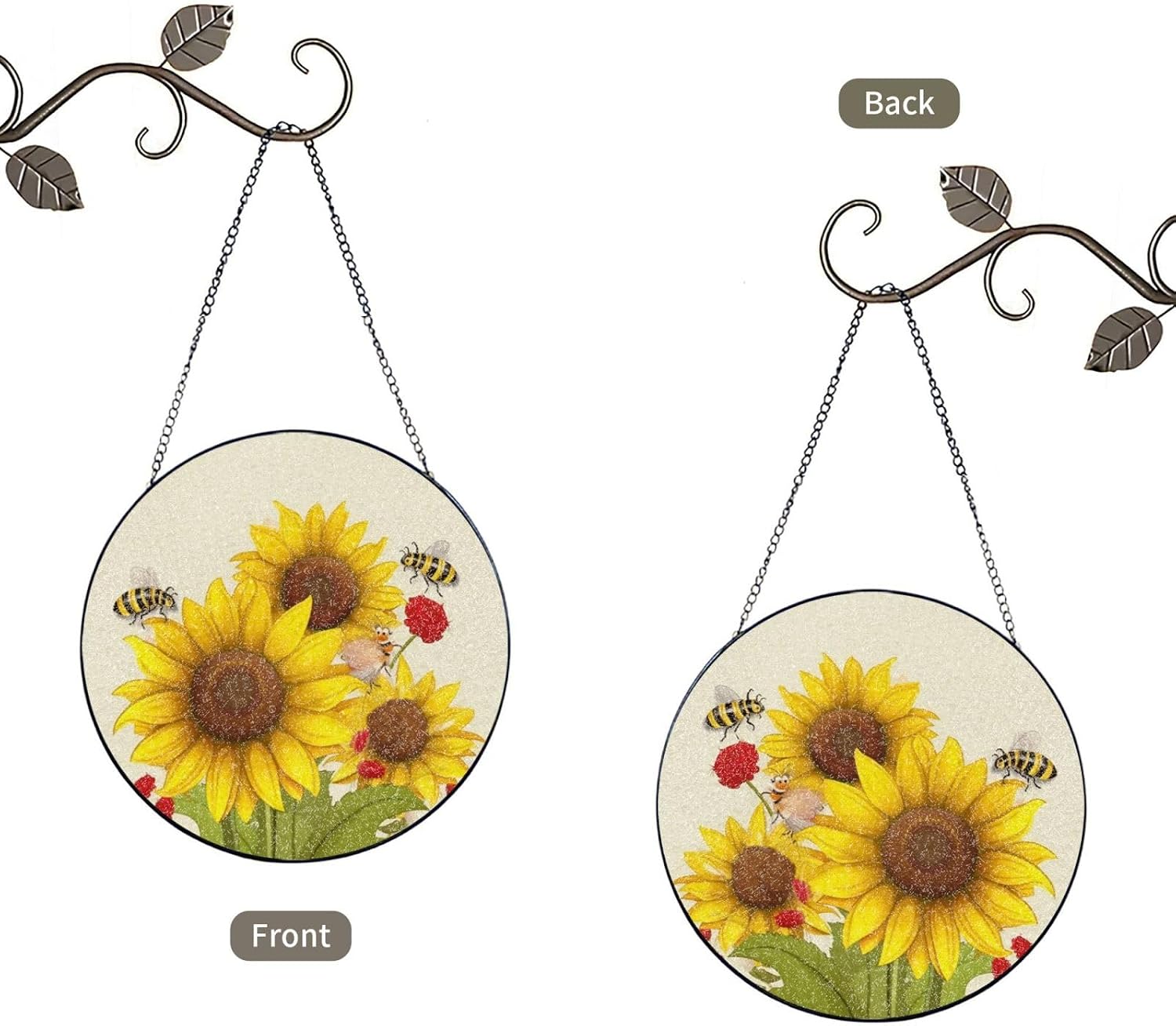 Stained Glass Window Hanging 6in（15cm）, Bees Sunflowers Daisy Rose Flowers Glass Suncatcher for Home Decor, Indoor Wall Art Glass Panel with Metal Chain and Hooks, Sun Catcher Ornament Birthday Gifts