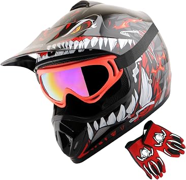 WOW Youth Kids Motocross BMX MX ATV Dirt Bike Dianosour Helmet Dragon + Goggles + Martian Youth Glove Bundle HJOY MG Bundle