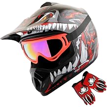 WOW Youth Kids Motocross BMX MX ATV Dirt Bike Dianosour Helmet Dragon + Goggles + Martian Youth Glove Bundle HJOY MG Bundle