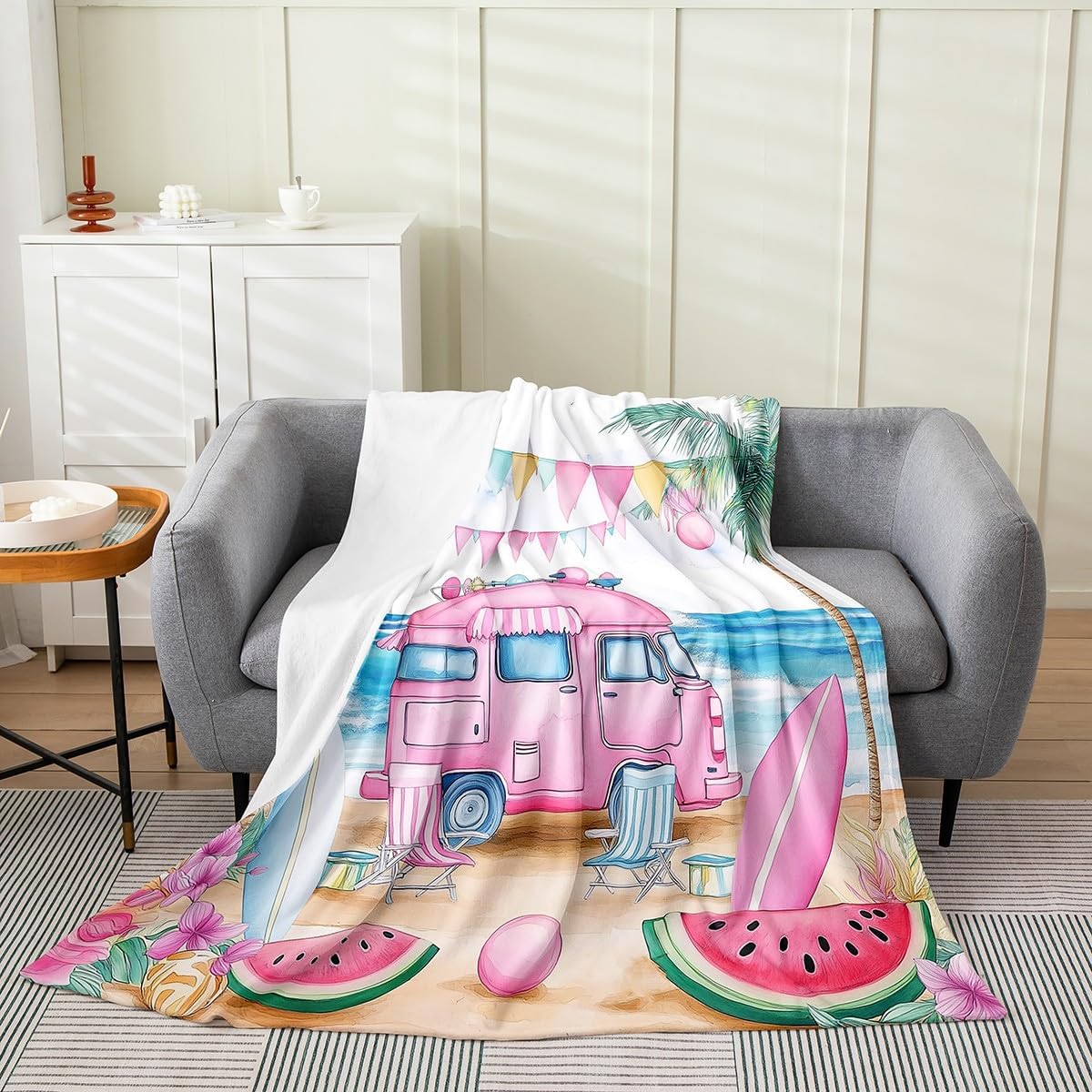 Happy Camping Flannel Blanket Queen 90"x90",Camper RV Trailer Bed Sofa Blankets for Kids Boys,Ocean Seaside Travel Fuzzy Blanket,Pink Girls Camping Themed Breathable Blanket