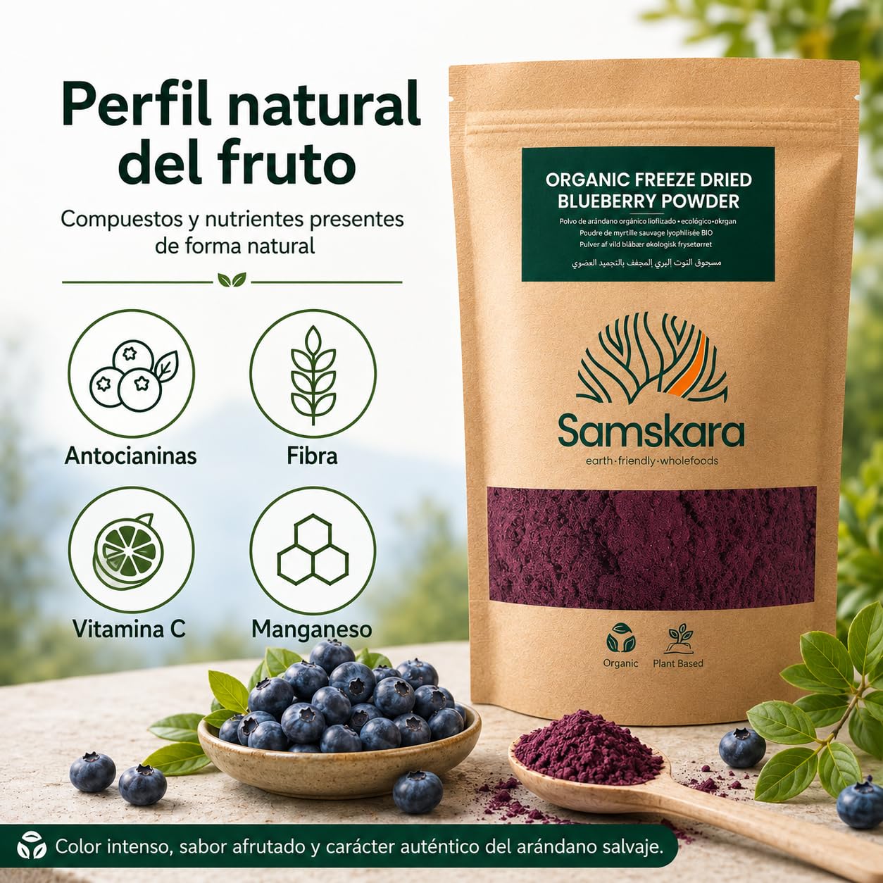 Arándanos salvajes nórdicos en polvo BIO | Samskara Tribe | bayas liofilizadas, sin OGM y sin endulzar, ricas en antioxidantes | para usar en batidos y repostería (150 g)