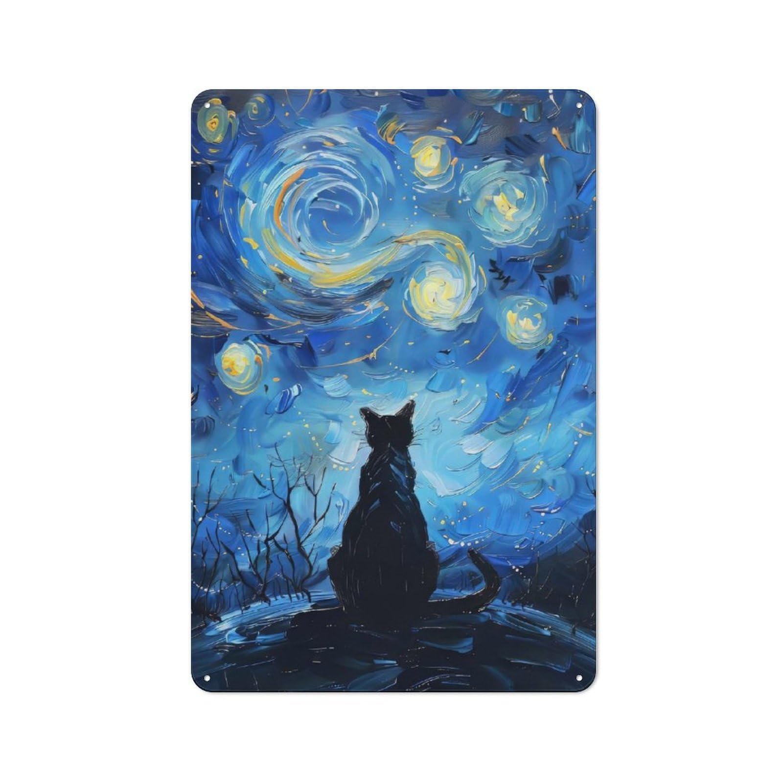 Junmoney Cat Under Starry Night Simple Retro Tin Sign 30X20cm Featuring Studio Wall Plaque For Office, Study, Studio Or Hallway