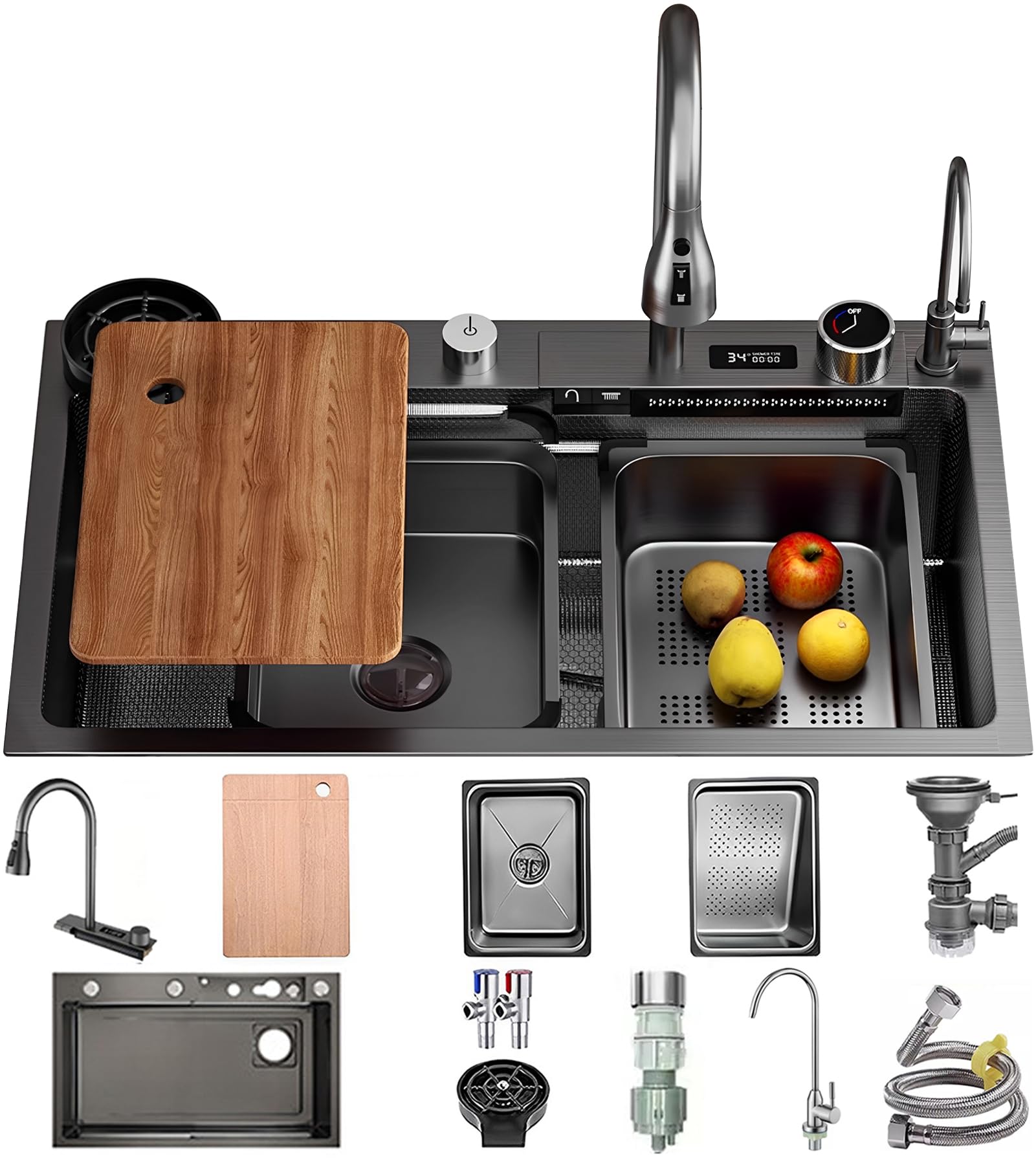 ZQFHSX 75 x 50 cm Waterfall Sink, Stainless Steel Black Grey Kitchen Sink with Display Screen, 1 Basin, Large Workplace Chopping Board, Siphon, Overflow and Drain Set