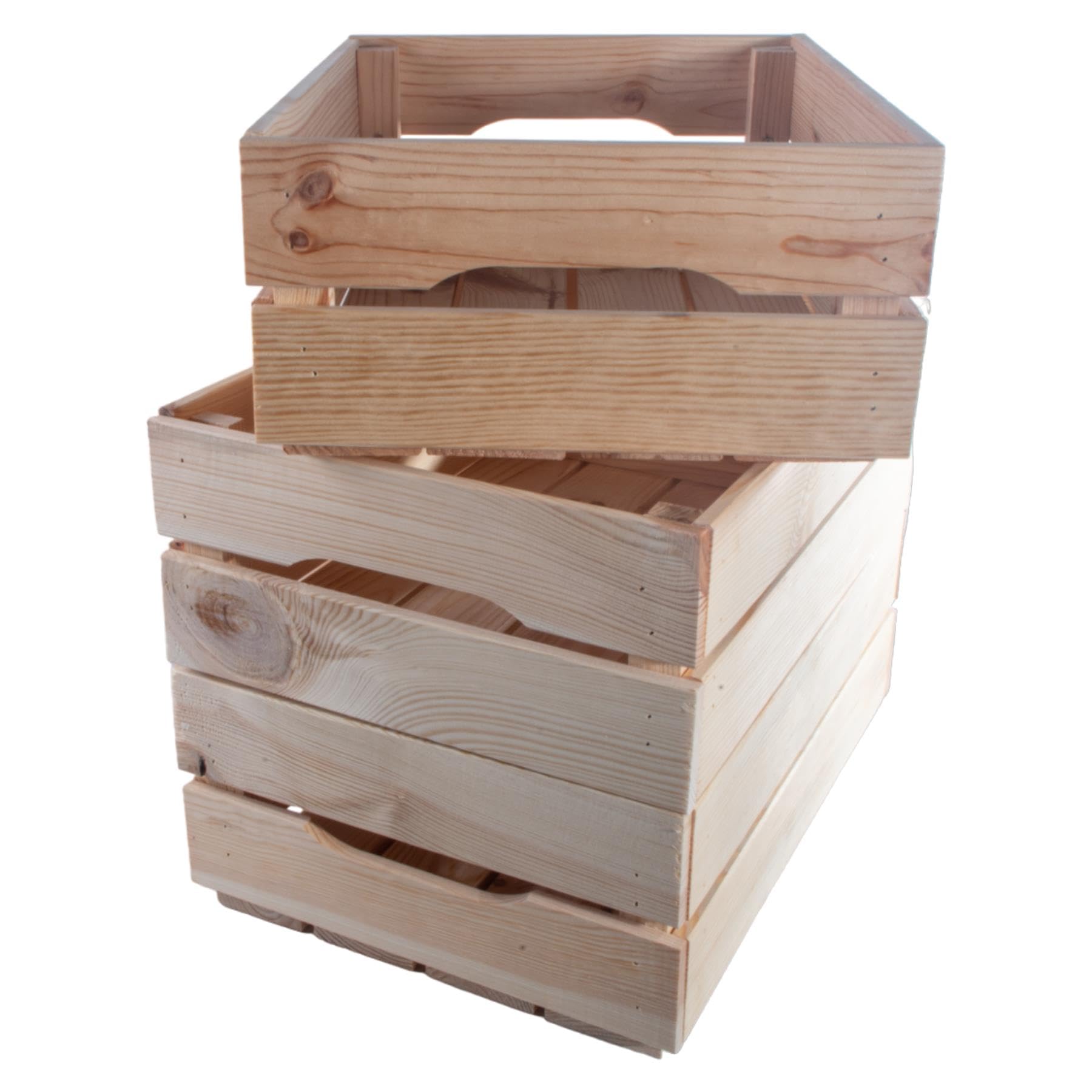 WooDeeDoo | 3 Pack | Shallow Decorative Wooden Crate | 39.5 x 29.5 x 15 cm | Flat Packed Slatted Solid Storage Box with Handles | Display Plants Apple Fruits DIY Hamper | Unpainted Natural Pine