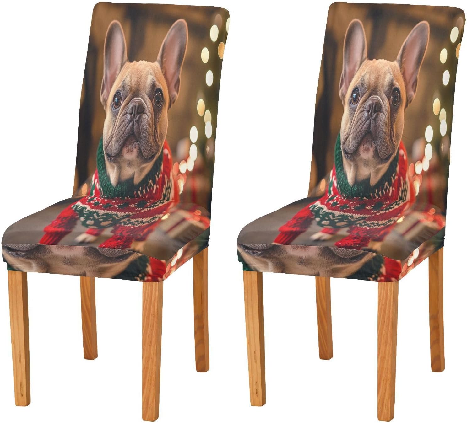 ALAZA Chair Covers for Dining Room, French Bulldog Cute Dog Wearing Christmas Sweaters Stretch Chair Cover Sets Chair Protector Removable Washable for Ktichen Restaurant Hotel