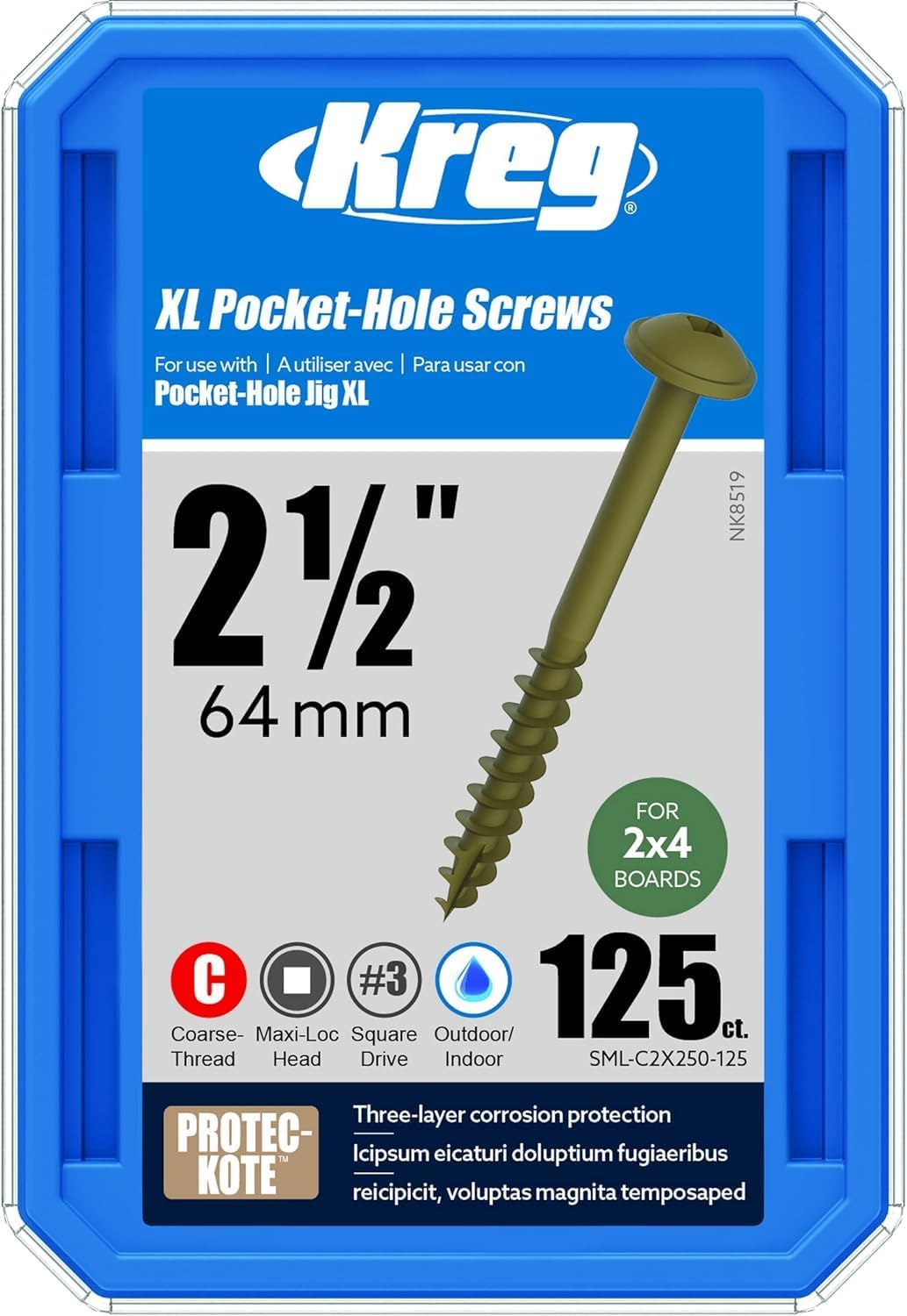 Kreg Protec-Kote Pocket Screws - SML-C2X250-125 - Weather Resistant Pocket Screws - 2-1/2-Inch - Coarse Thread - Maxi-Loc Head - Outdoor - 125 Count