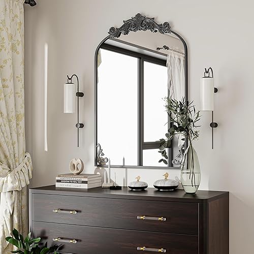 Miniatura 8 de VooBang Espejo de baño vintage arqueado de 26 x 38 pulgadas, magnífico espejo de tocador de pared con hermoso marco retro de proceso de grabado