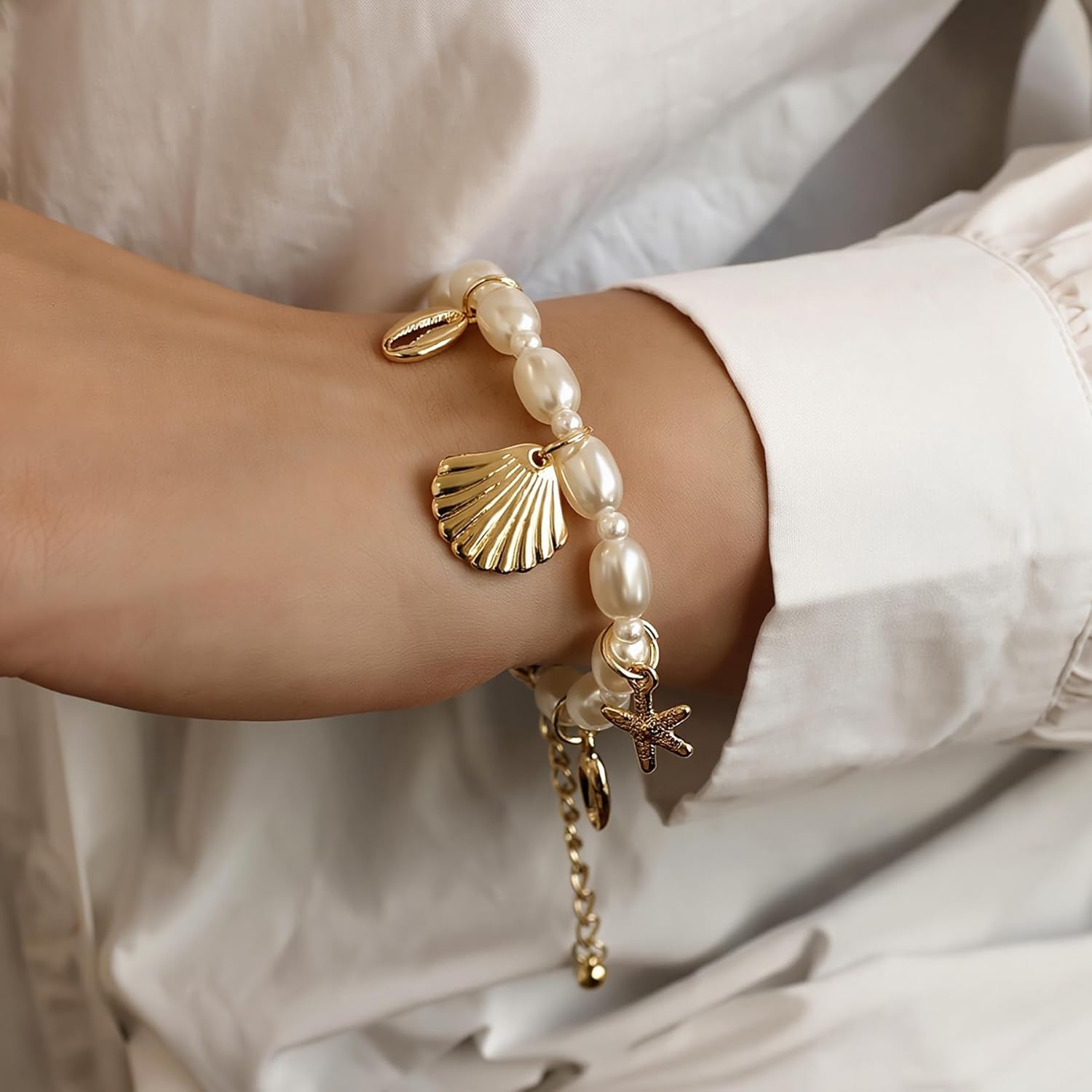 Shell Ankle Bracelet Set for Women, Gold Plated Boho Bead Adjustable Anklet, Hawaiian Beach Seashell Pearl Heart Starfish Conch Foot Jewelry Gifts - Image 3