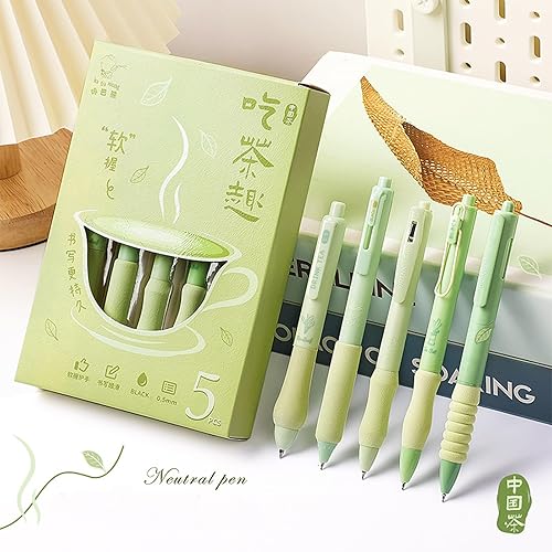 Miniatura 5 de ITAWIXS Bolígrafos estéticos de tinta de gel, 5 unidades, color verde, bonitos bolígrafos retráctiles con diferentes puntas, tinta de secado rápido,