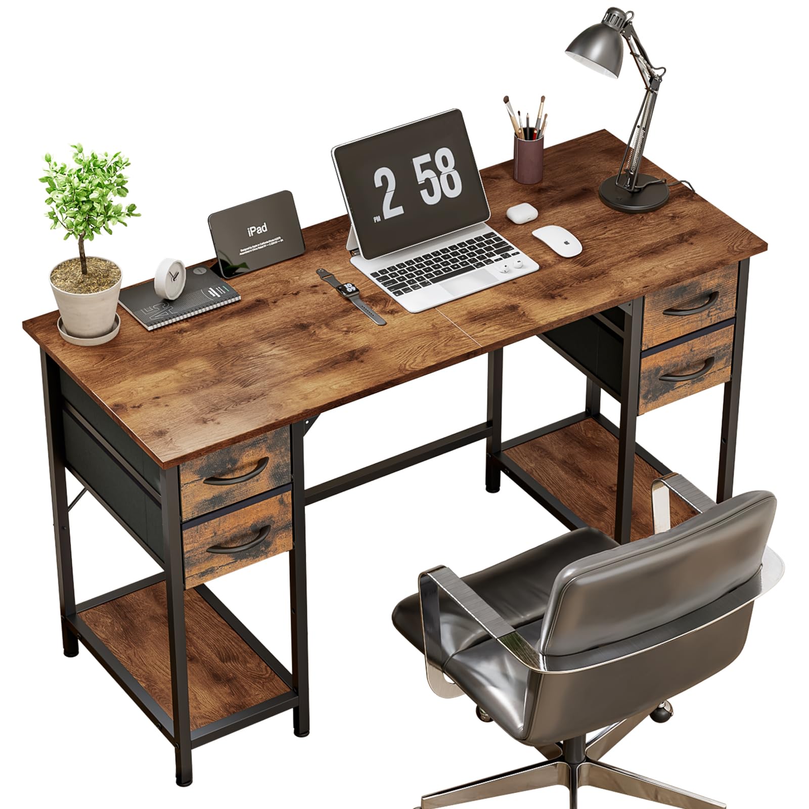 Solerconm - Mesa de escritorio con almacenamiento (47 x 19,7 pulgadas, con 4 cajones y estantes, mesa para gamer plegable de madera, para oficina en casa, estudio, salón